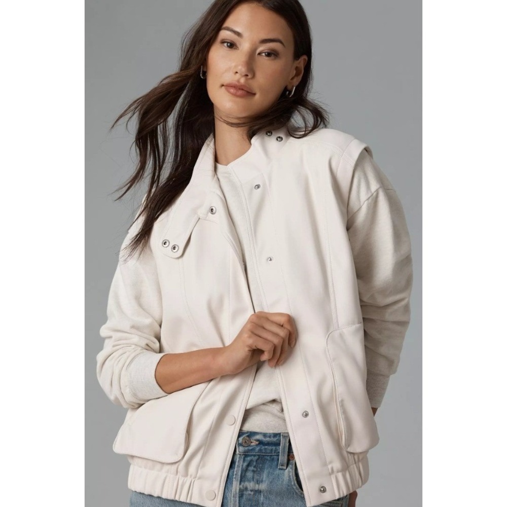 Anthropologie‎ Pilcro Faux-Leather Biker Vest Mock Neck Snap Front Cream XS